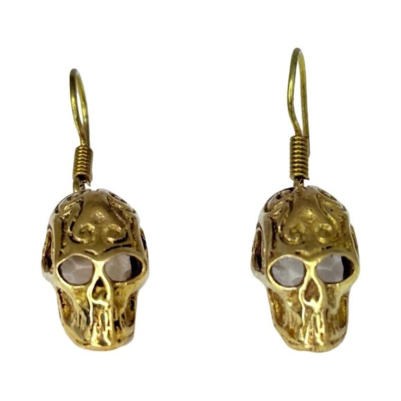 Vintage Gold-Tone Skull Dangle Earrings 1" Rock Punk Skully Goth Halloween - Picture 5 of 9